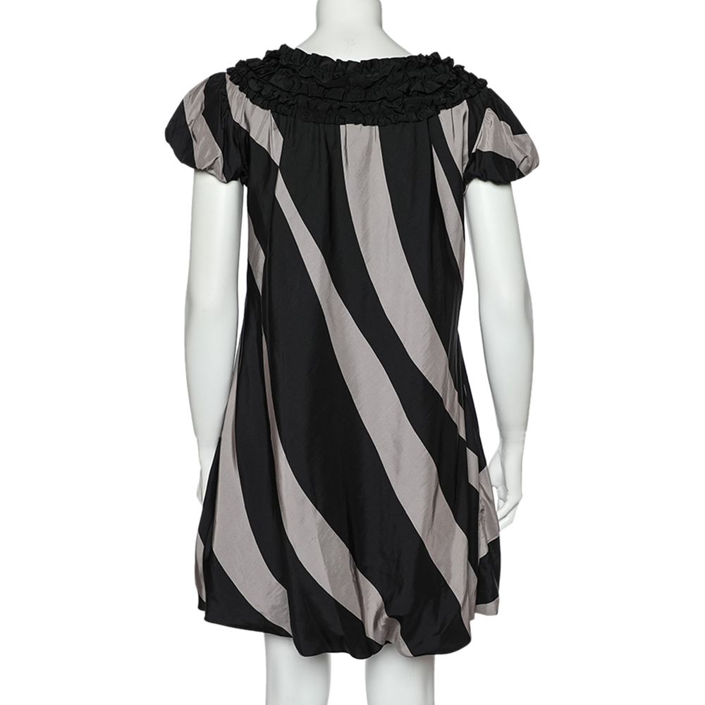 Moschino Cheap And Chic Monochrome Striped Silk Ruffled Neck Detail Mini Dress M