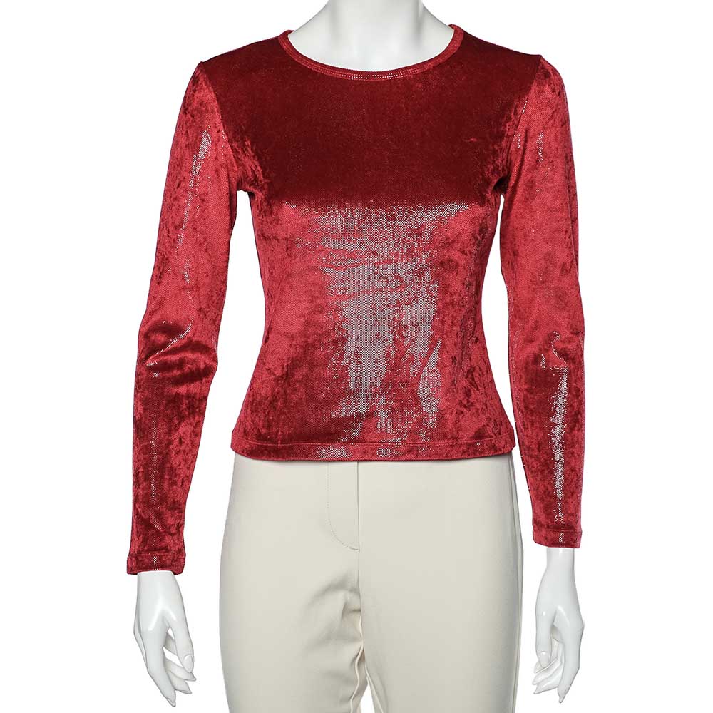 

Moschino Cheap and Chic Red Stretch Velvet Glitter Detail T-Shirt