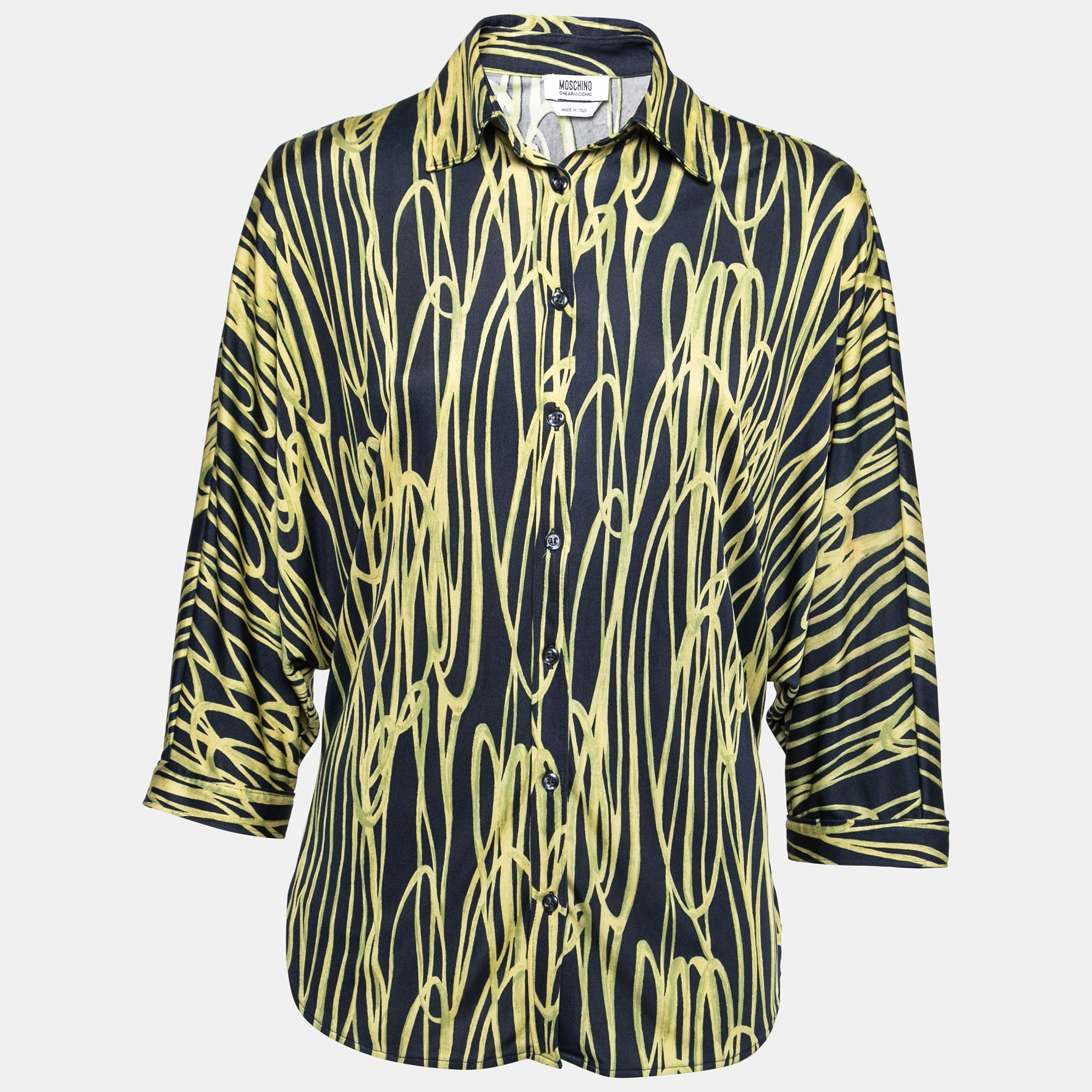 Moschino Cheap And Chic Navy Blue And Yellow Printed Jersey Dolman Sleeve Shirt S