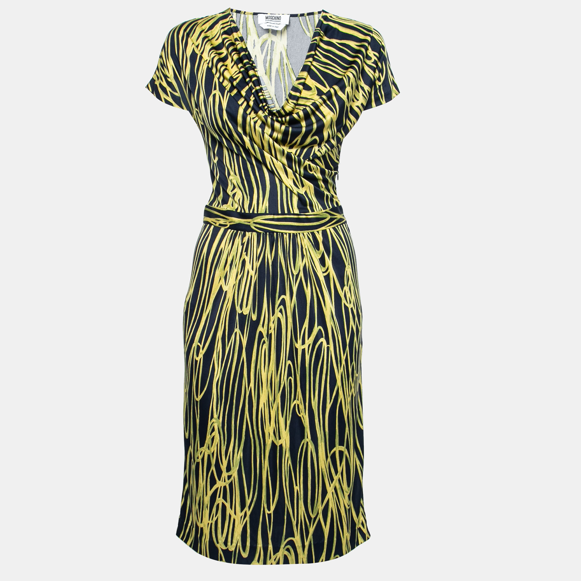 Moschino Cheap and Chic Navy Blue & Yellow Printed Silk Jersey Dress S