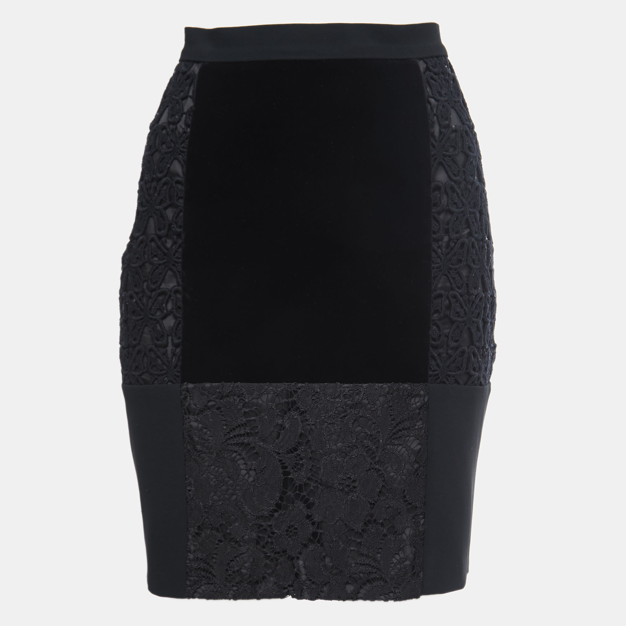 

Moschino Cheap and Chic Black Velvet and Floral Lace Detail Knee Length Skirt