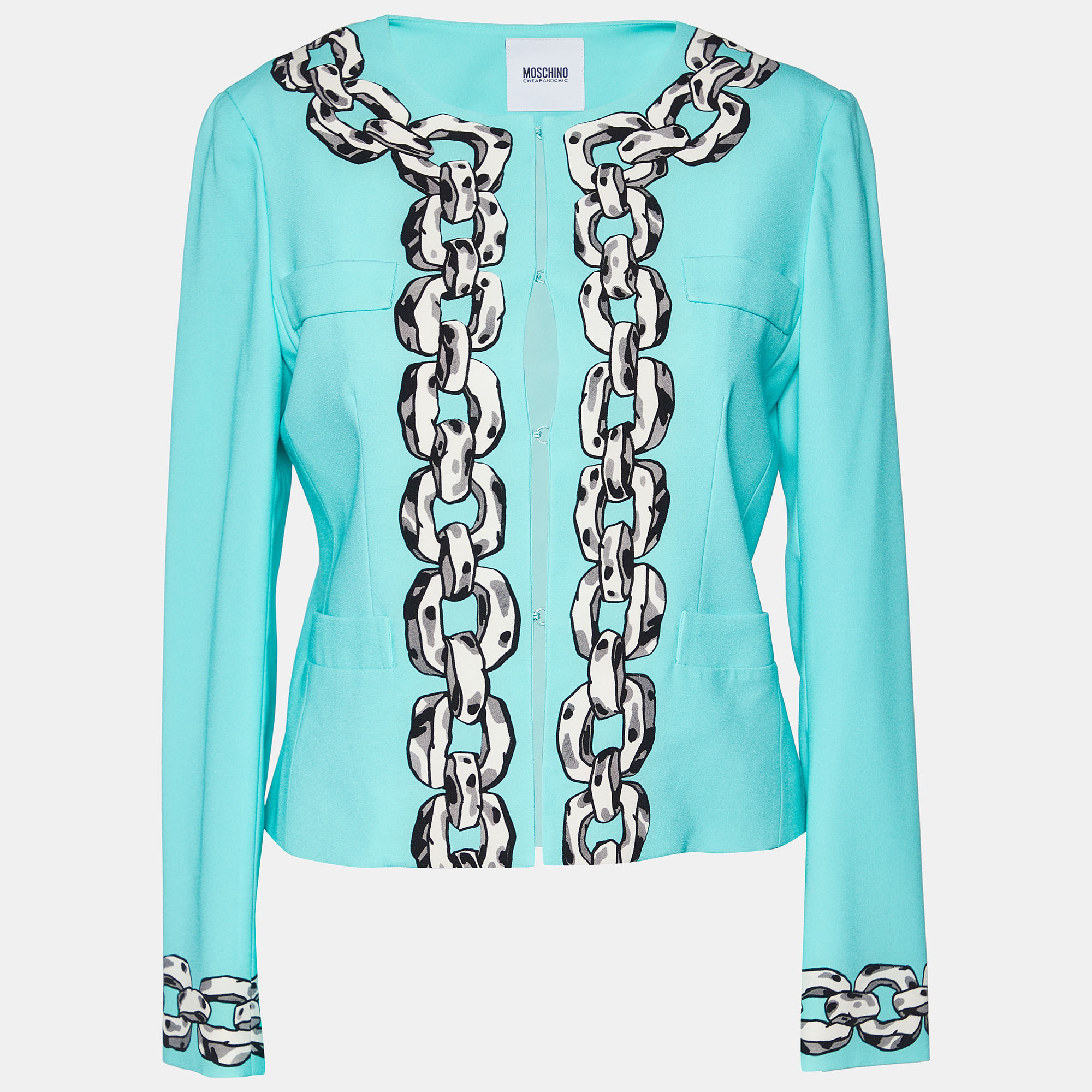 Moschino Cheap & Chic Turquoise Blue Crepe Chain Printed Blazer & Mini Skirt Set S