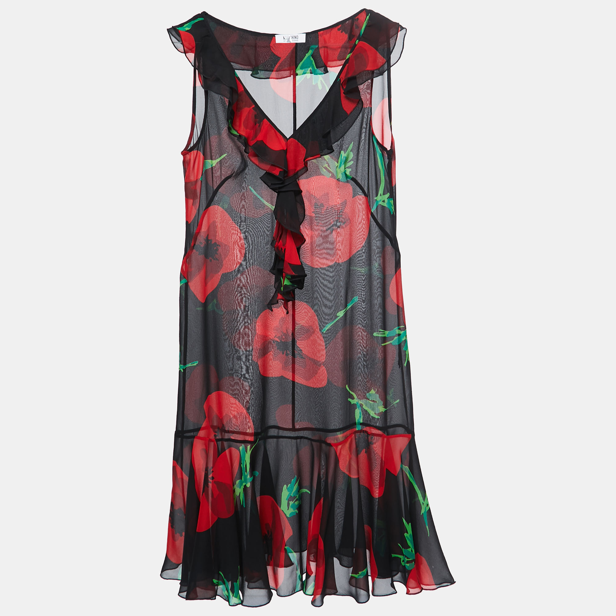 Moschino Cheap And Chic Black Floral Print Silk Chiffon Ruffled Neck Sleeveless Midi Dress L