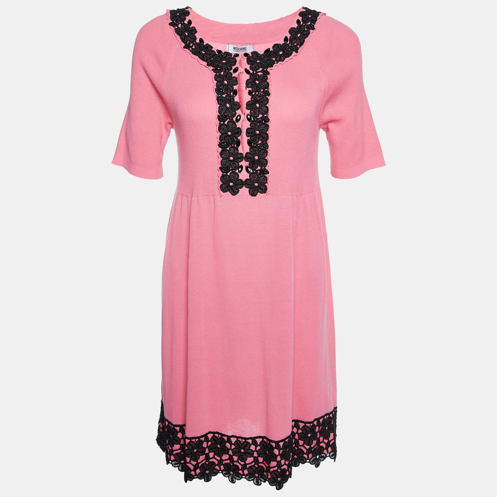 Moschino Cheap And Chic Pink Cotton Knit Lace Trim Detail Mini Dress L