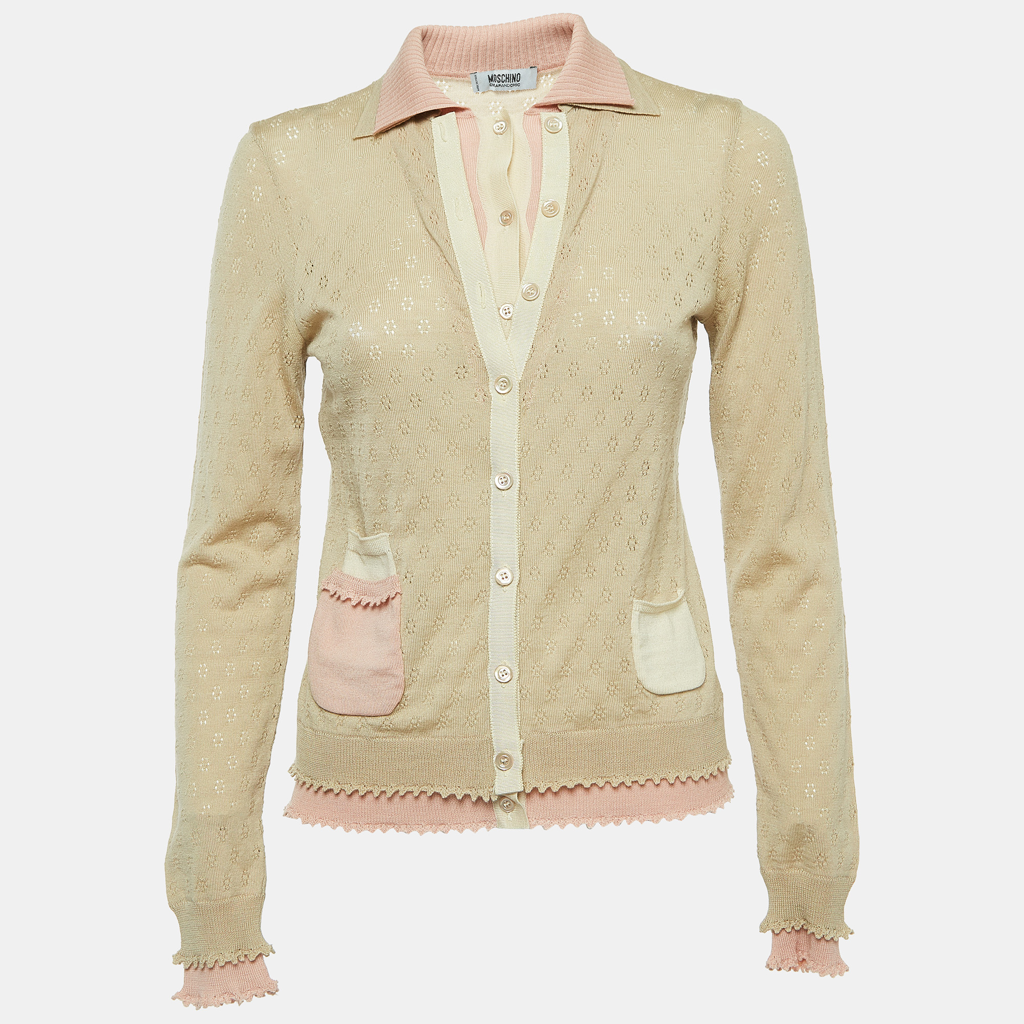 Moschino Cheap And Chic Beige/Pink Perforated Wool Knit Button Front Cardigan M