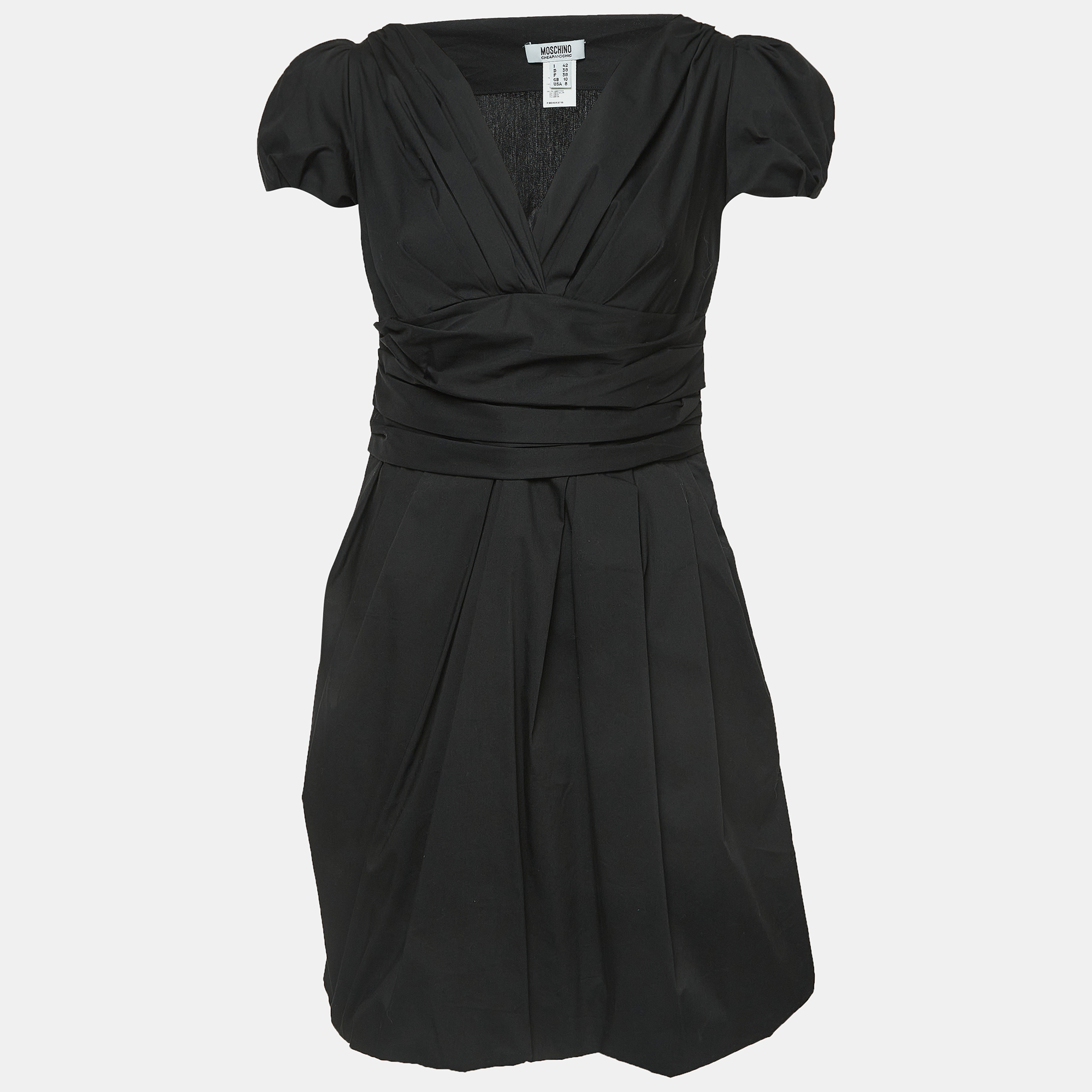 Moschino cheap and chic black pleated cotton v-neck mini dress m