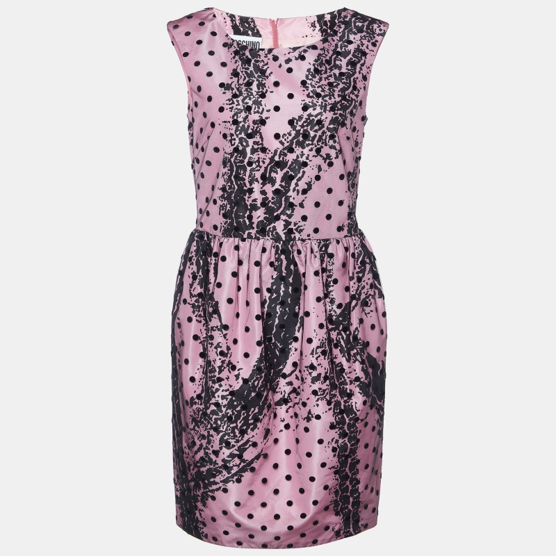 Moschino couture pink printed satin & polka dot tulle sleeveless sheath dress m