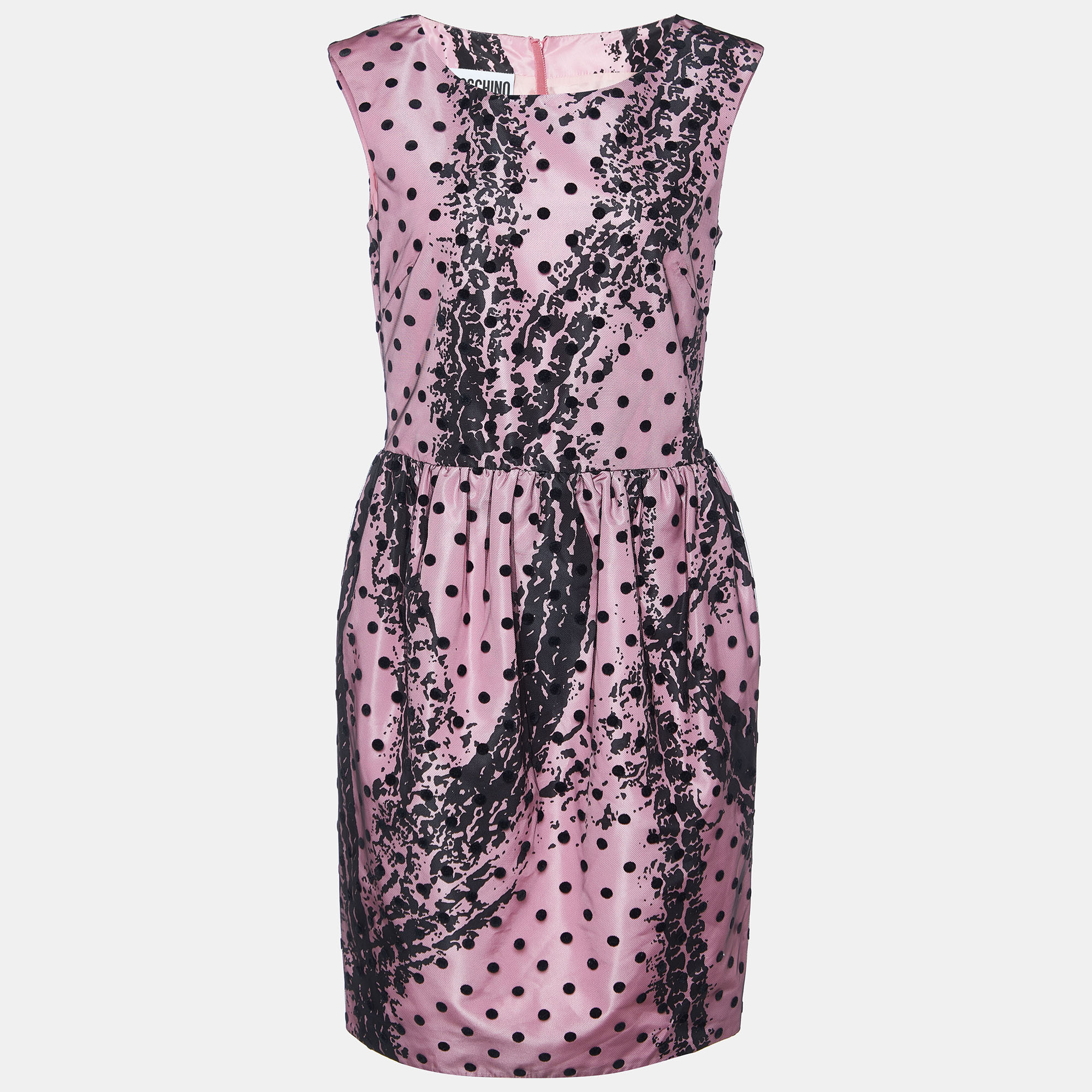 

Moschino Couture Pink Printed Satin & Polka Dot Tulle Sleeveless Sheath Dress