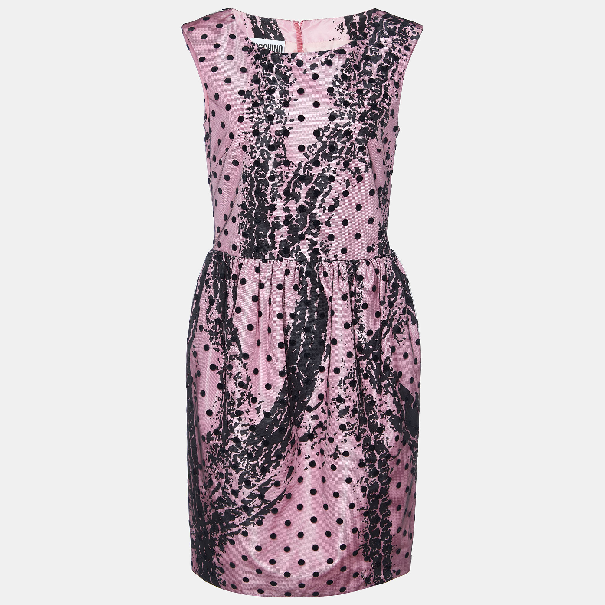 Moschino couture pink printed satin & polka dot tulle sleeveless sheath dress m