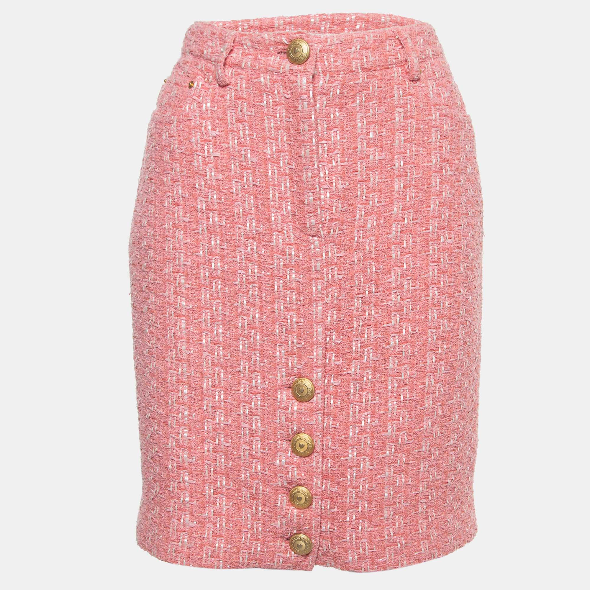 Moschino Couture Pink Tweed Gold-Button Skirt M