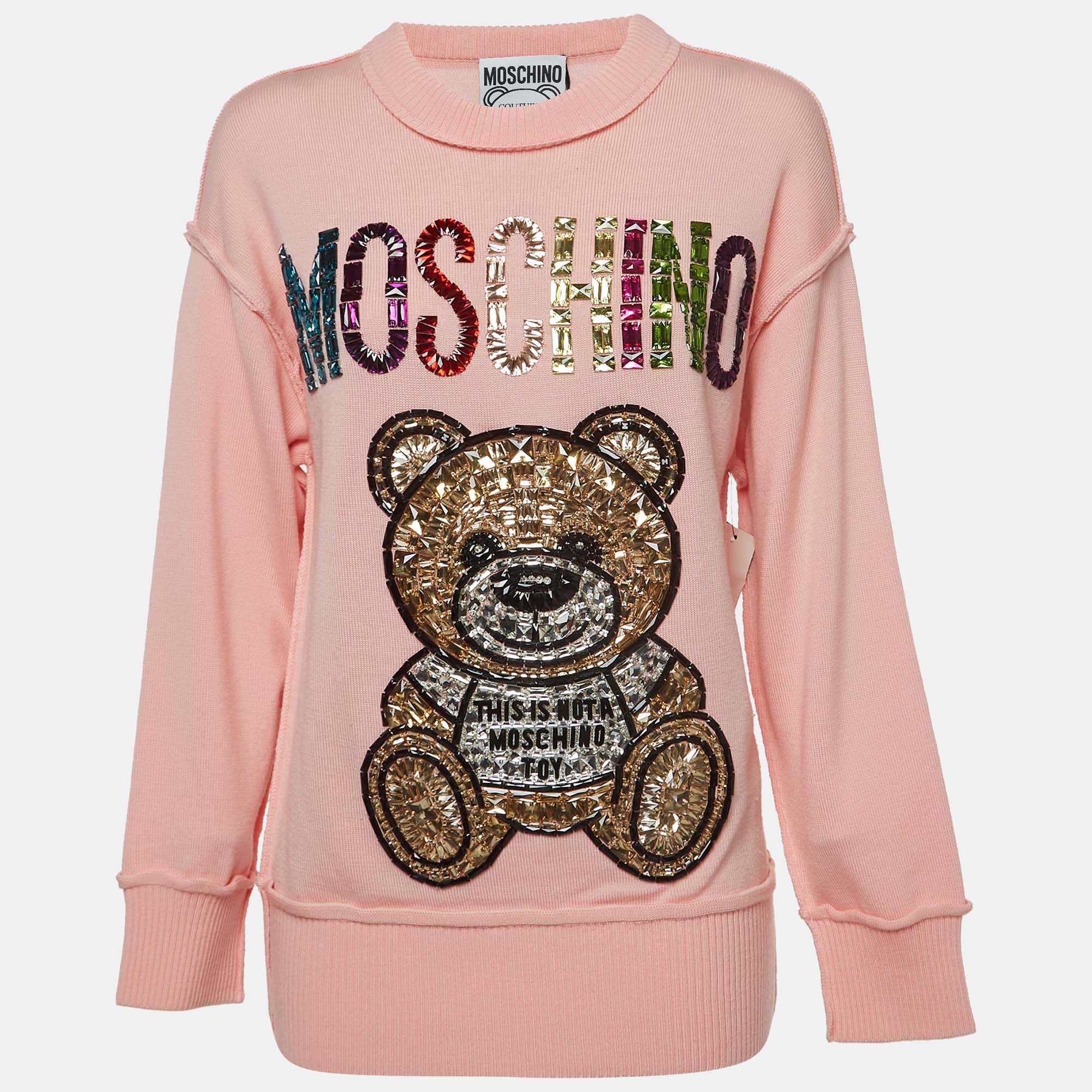 Moschino Pink Wool Embellished Teddy Bear Sweater XS