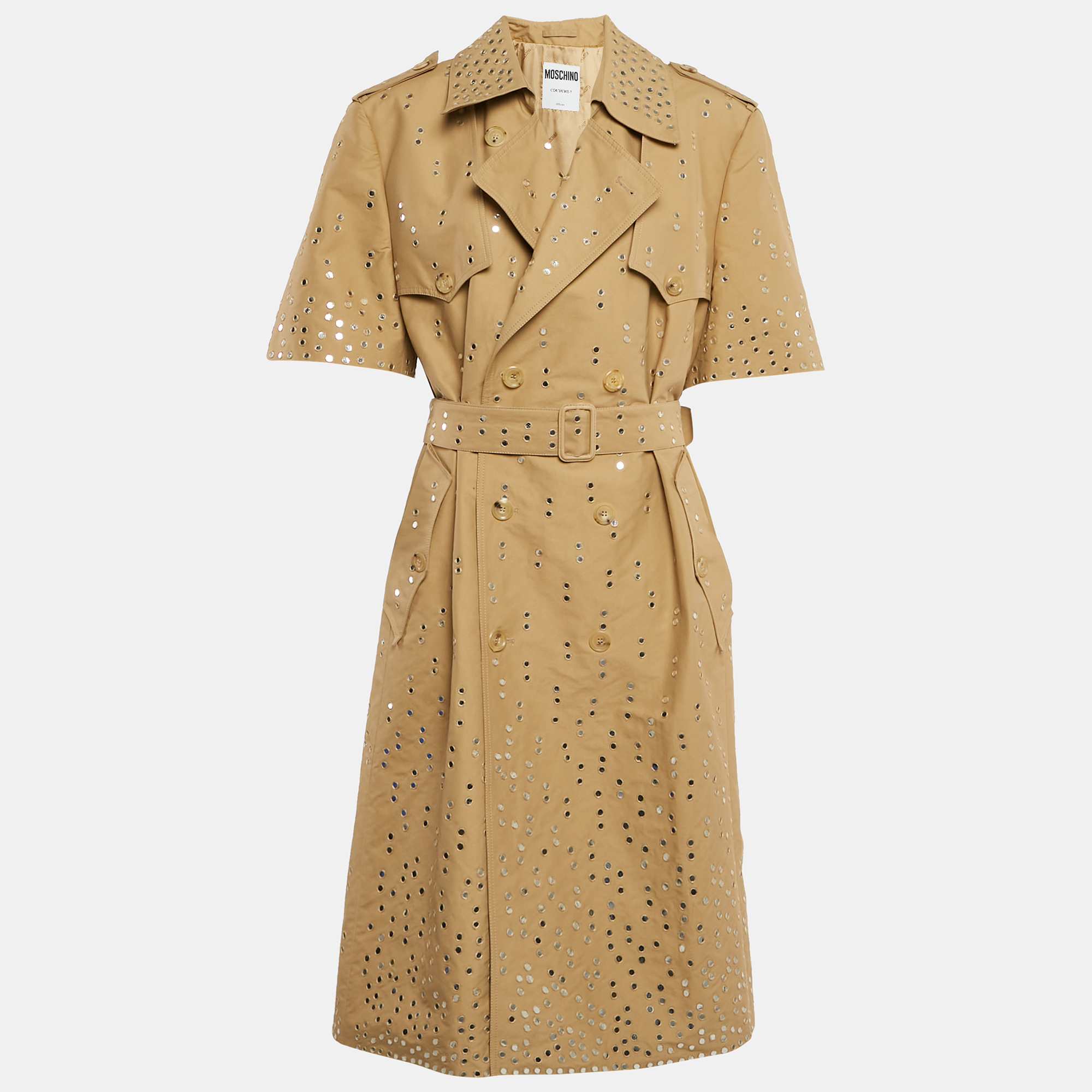 Moschino Couture Dark Beige Mirror Work Embroidery Cotton Blend Trench Coat XL
