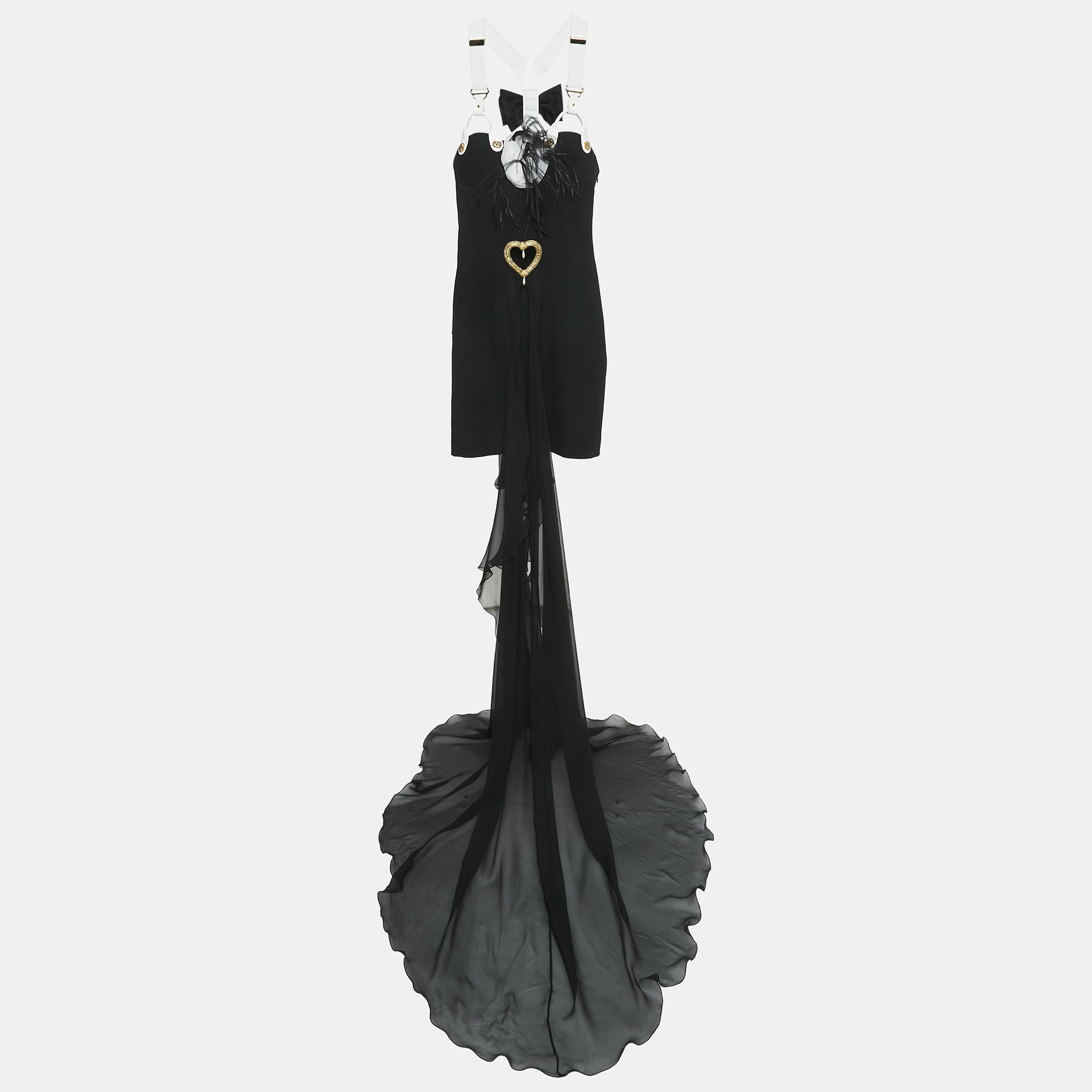 Moschino Couture Black Feather Trim Crepe and Silk Draped Detail Mini Dress S
Moschino Couture Black Feather Trim Crepe and Silk Draped Detail Mini Dress S