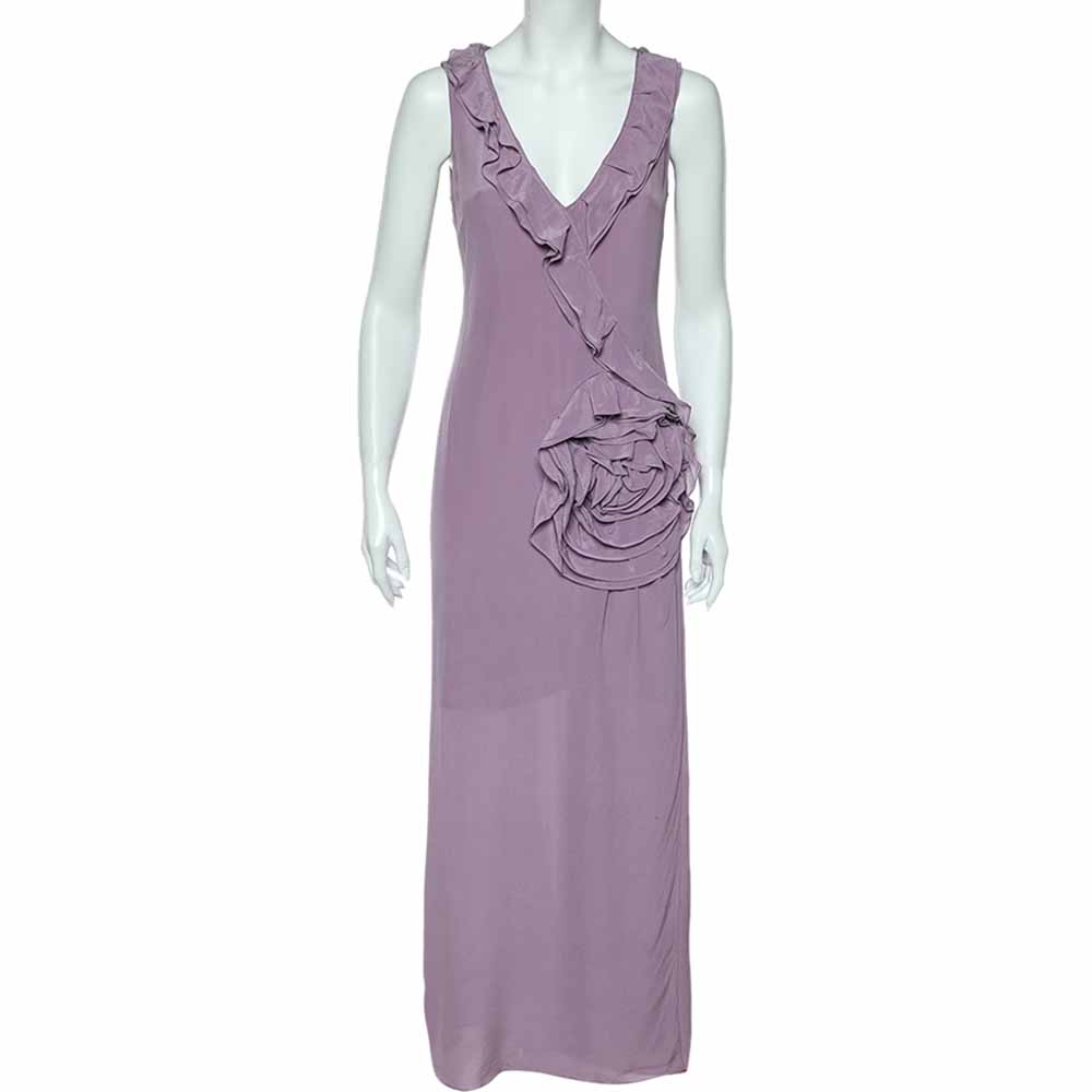 Moschino Cheap & Chic Lilac Silk Chiffon Rose Floral Draped Slit Detail Maxi Dress M