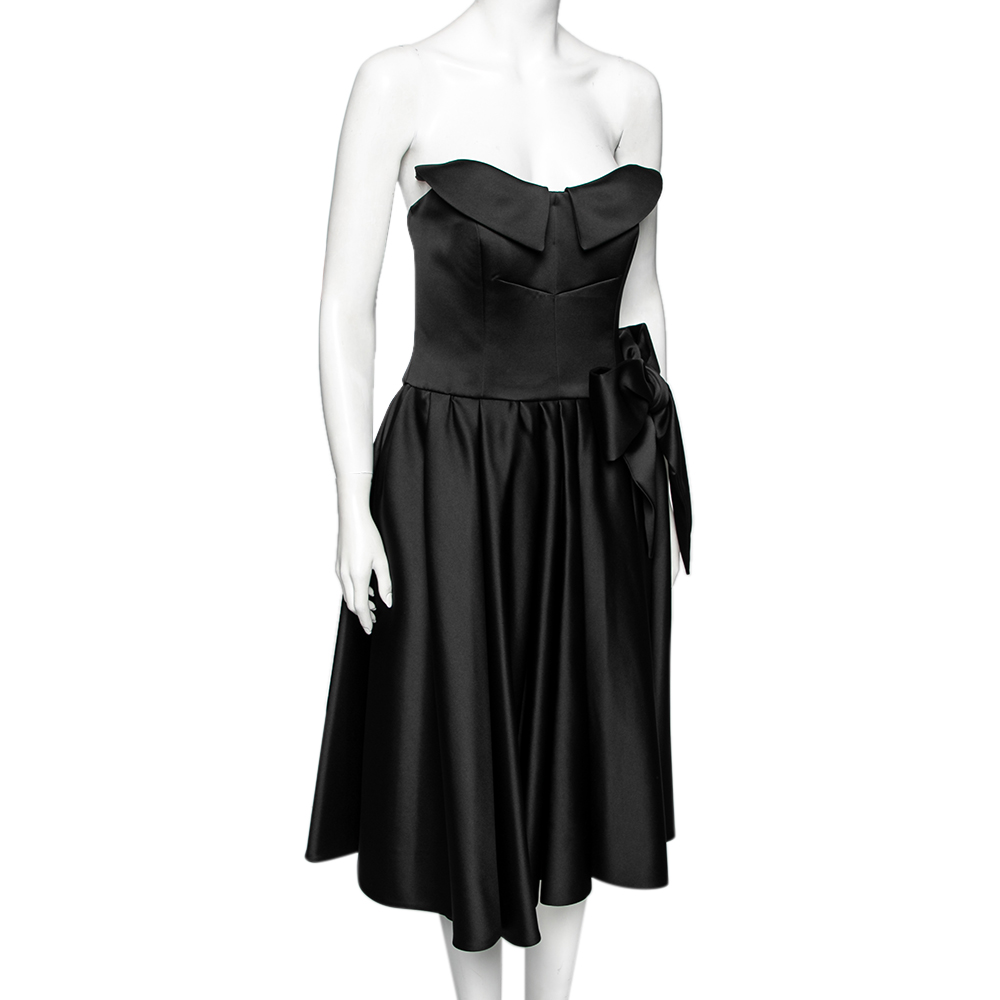 Moschino Couture Black Satin Bow Detail Strapless Pleated Dress M