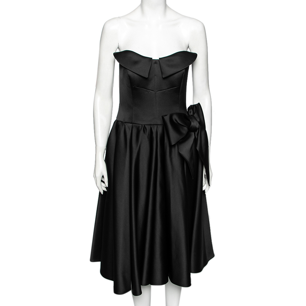 Moschino couture black satin bow detail strapless pleated dress m