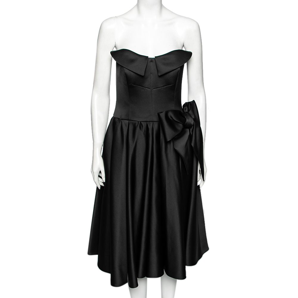 Moschino Couture Black Satin Bow Detail Strapless Pleated Dress M