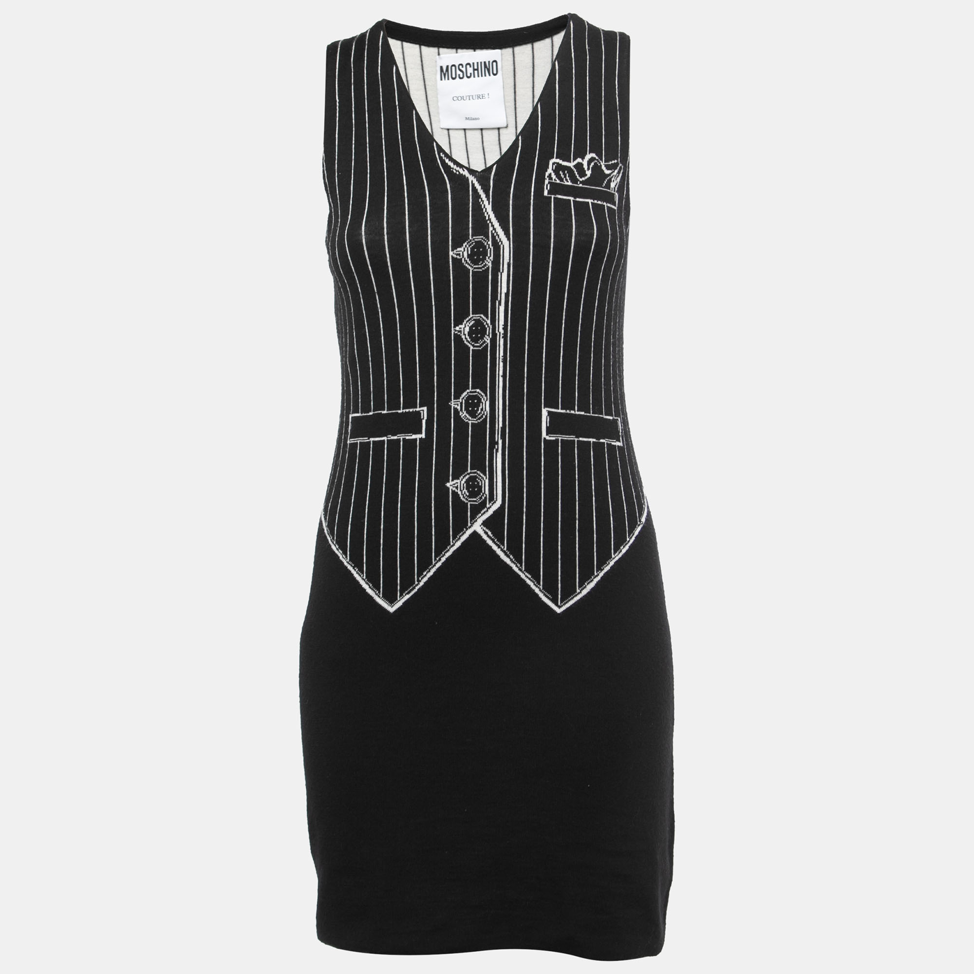 Moschino Couture Black Vest Patterned Wool Sleeveless Mini Dress M