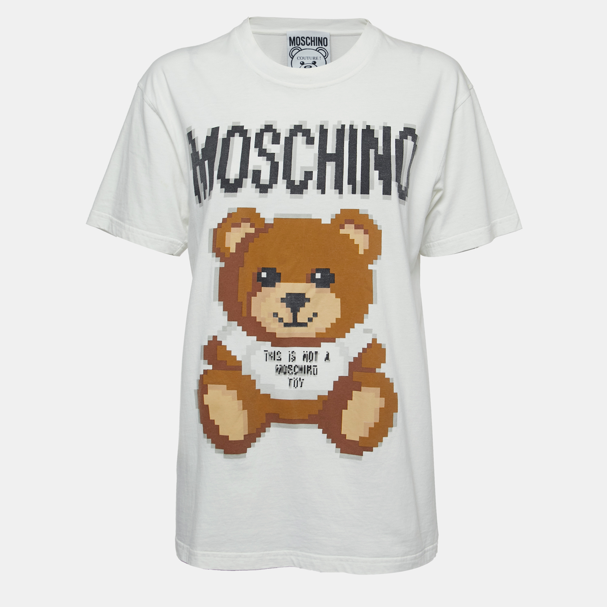 Moschino couture white logo print cotton crew neck half sleeve t-shirt xs