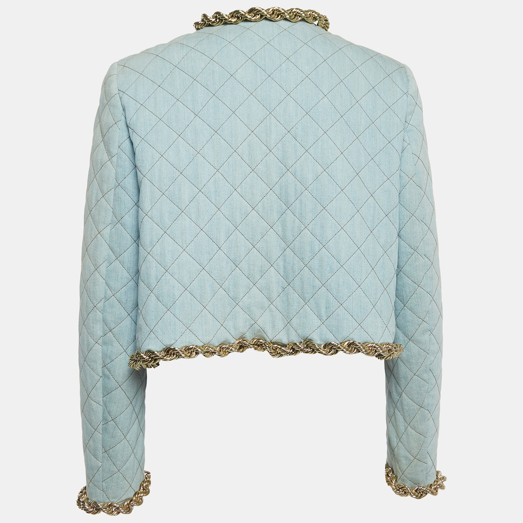 Moschino Couture Blue Faded Denim Quilted Chain Detail Jacket M