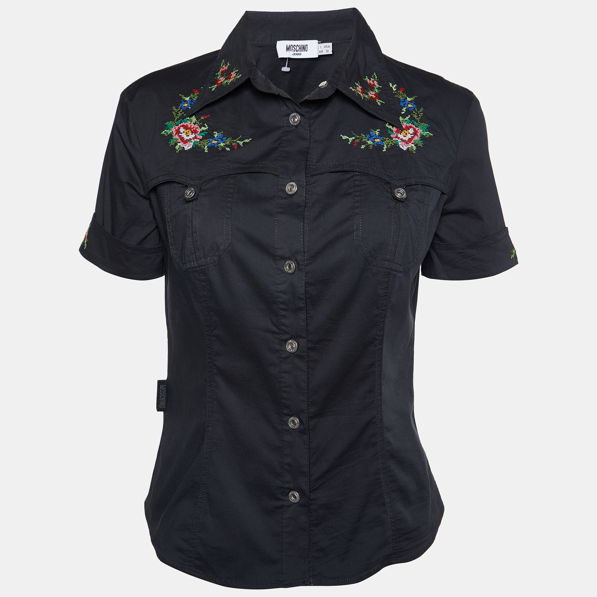 Moschino Jeans Black Cotton Embroidered Detail Button Front Shirt M