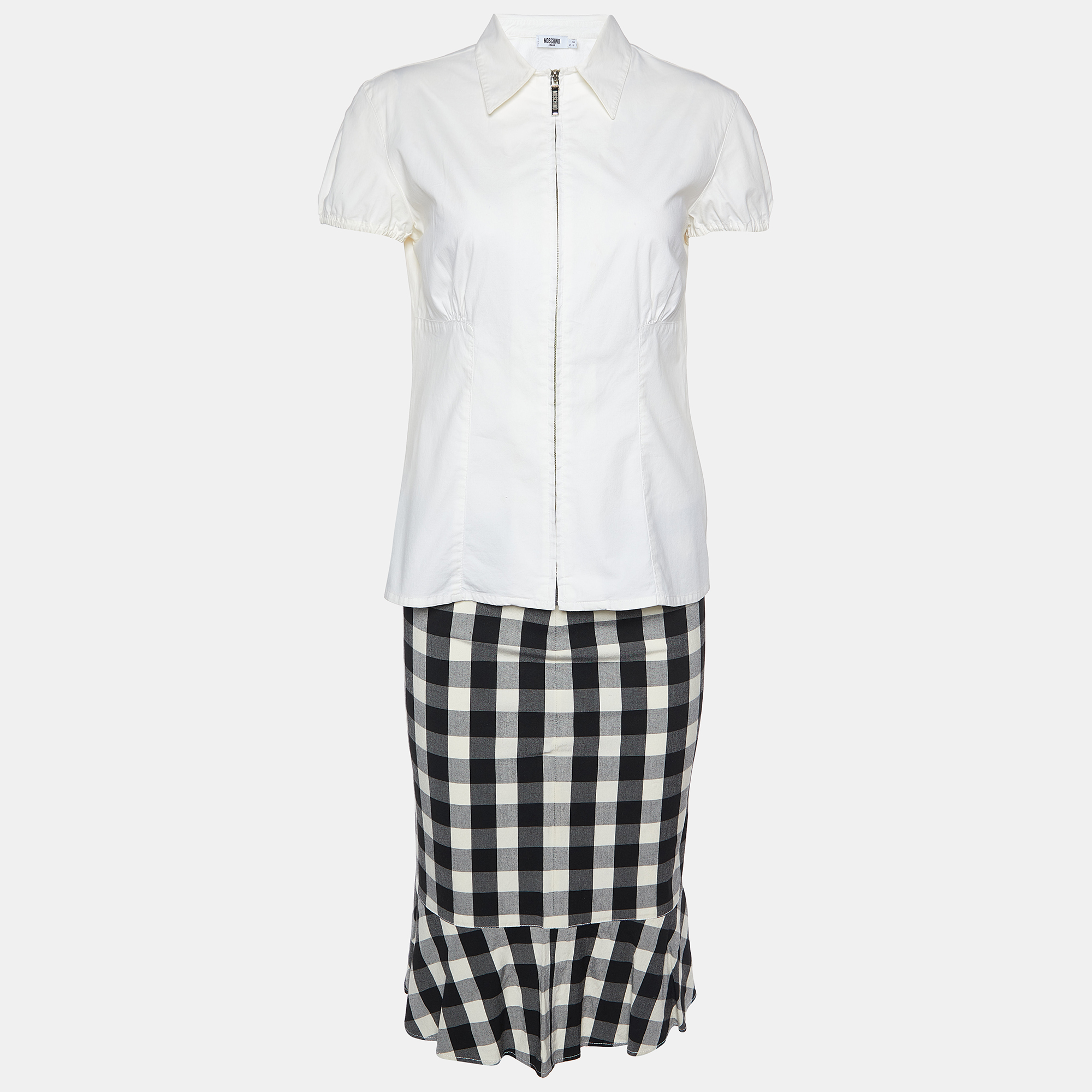 Moschino Jeans White Cotton Top & Checked Skirt Set M