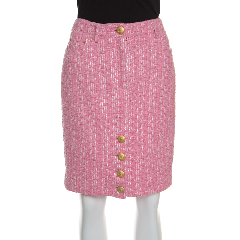 Image of Moschino Couture Pink Raffia and Boucle Tweed Pencil Skirt M