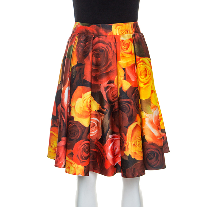 Image of Moschino Couture Red Floral Printed Sateen Pleated Skirt M