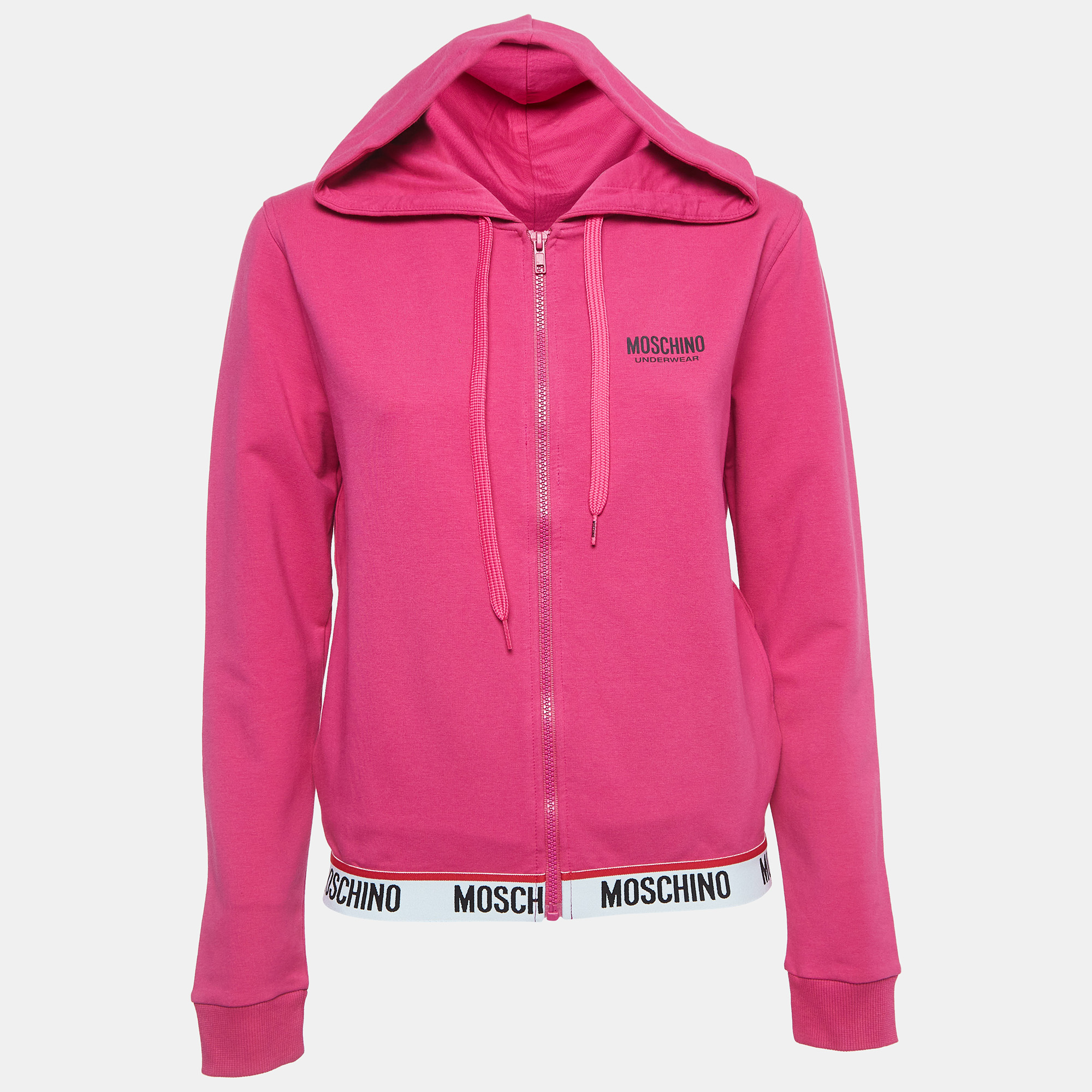 Moschino pink logo print cotton zip front hooded jacket s