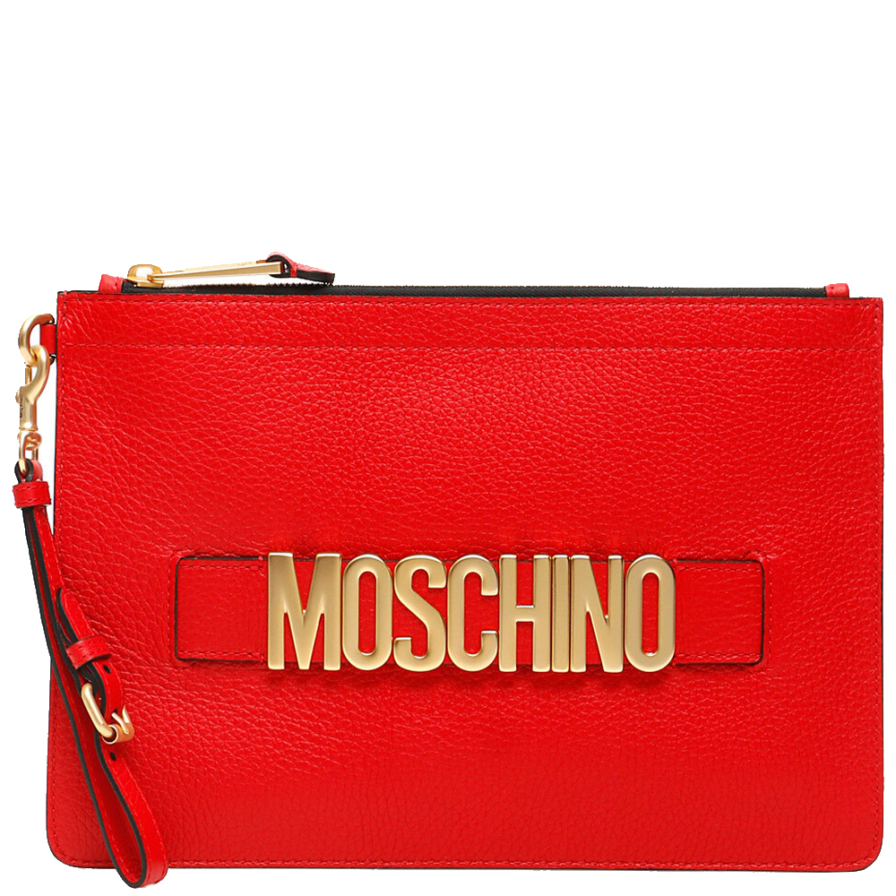Image of Moschino Red Leather Logo Clutch Bag