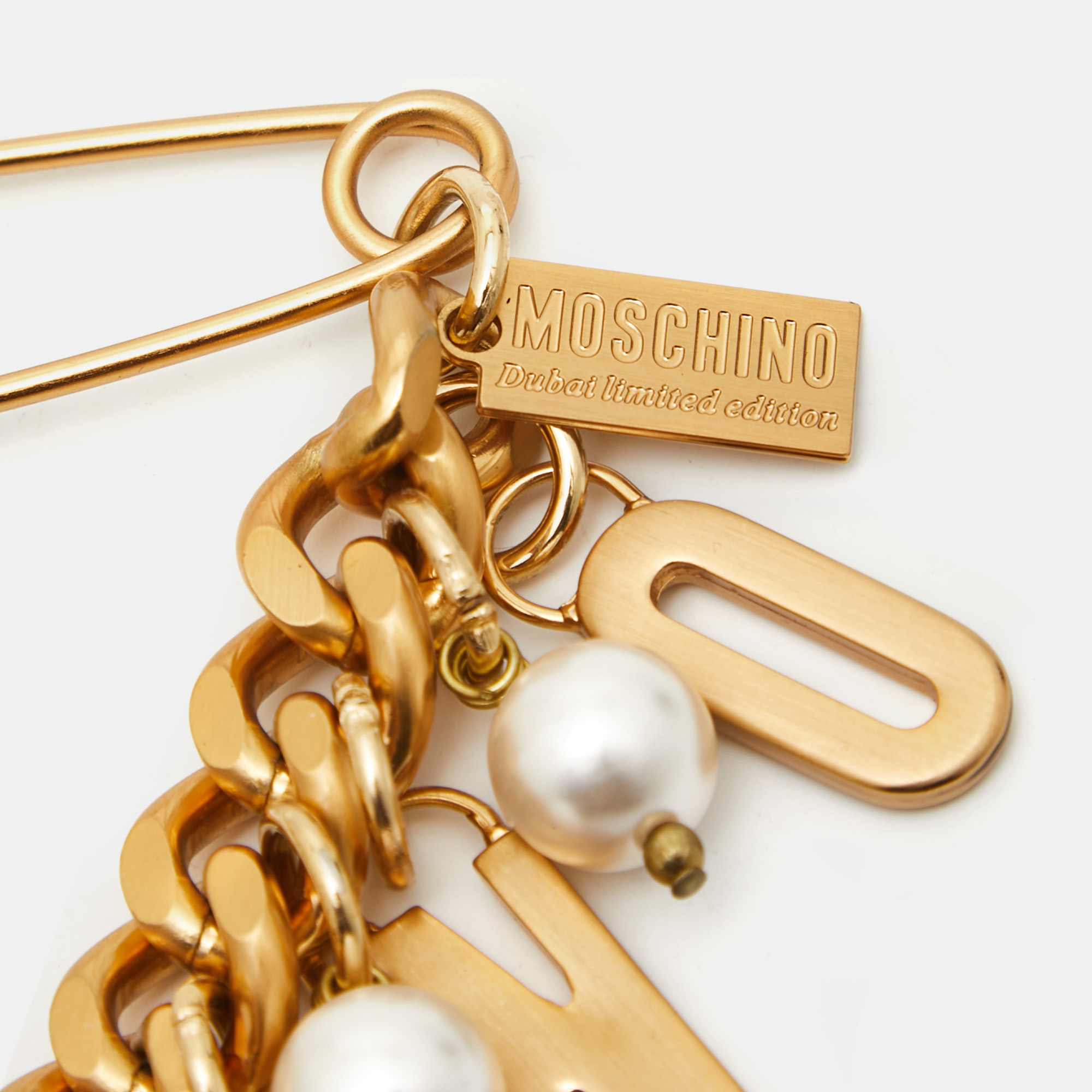 Moschino Logo Faux Pearl Gold Tone Brooch