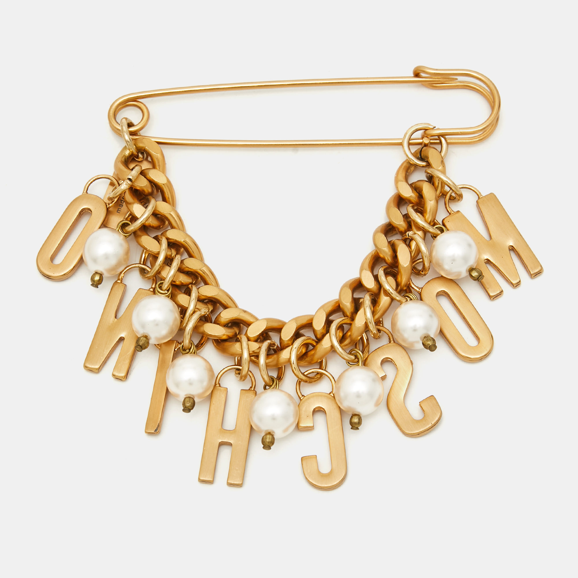 Moschino Logo Faux Pearl Gold Tone Brooch