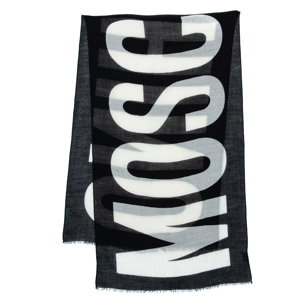 Moschino Black Logo Print Wool Scarf