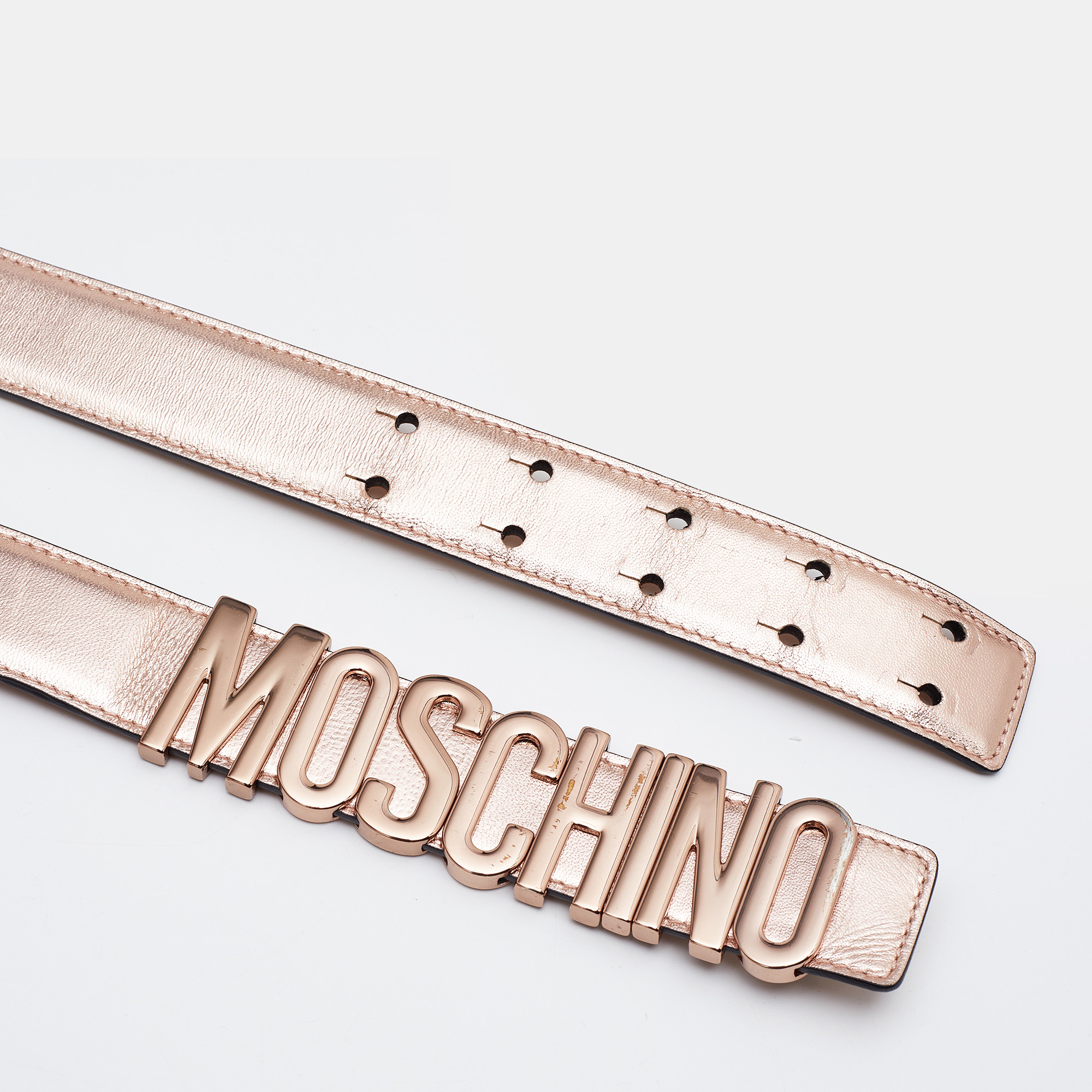Moschino Rose Gold Leather Classic Logo Belt 90CM