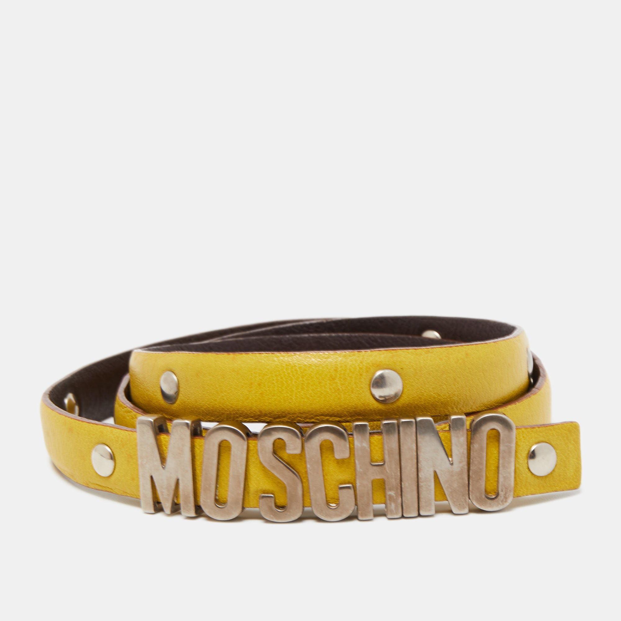 Moschino Yellow Leather Logo Slim Waist Belt 80CM