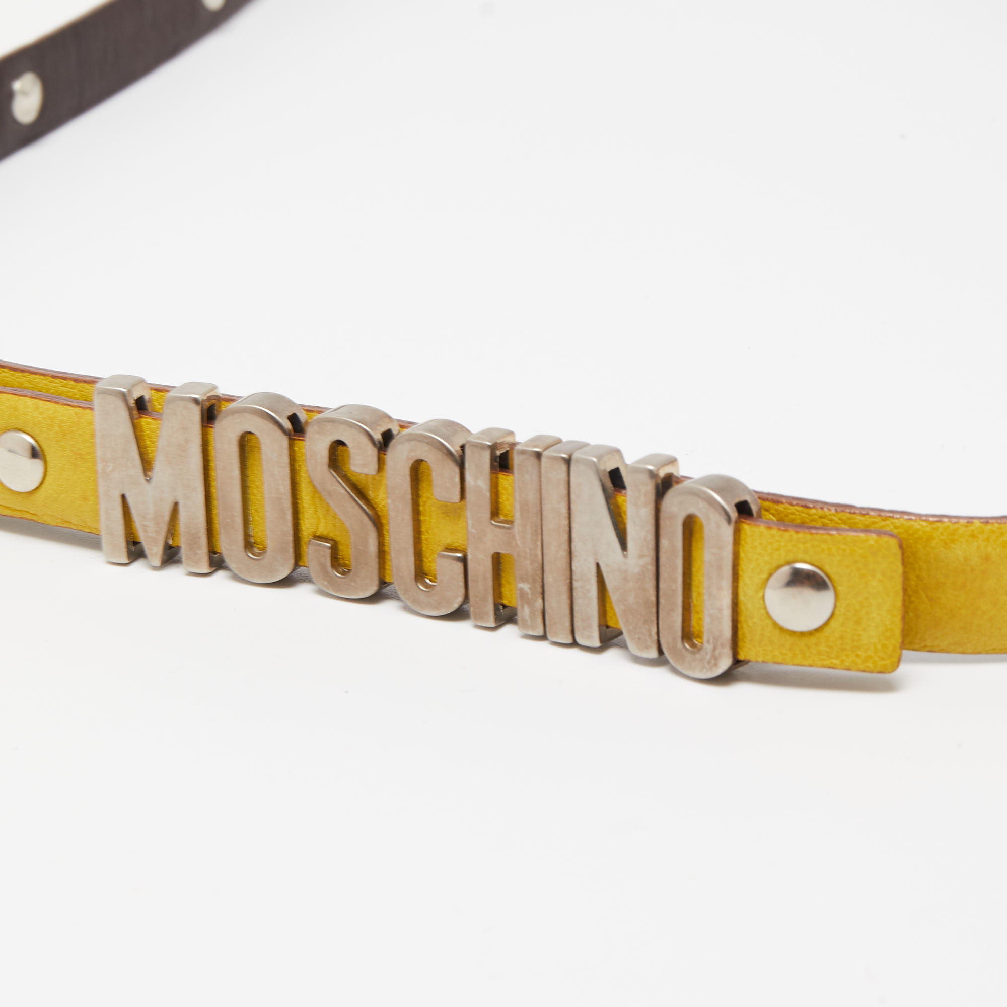 Moschino Yellow Leather Logo Slim Waist Belt 80CM