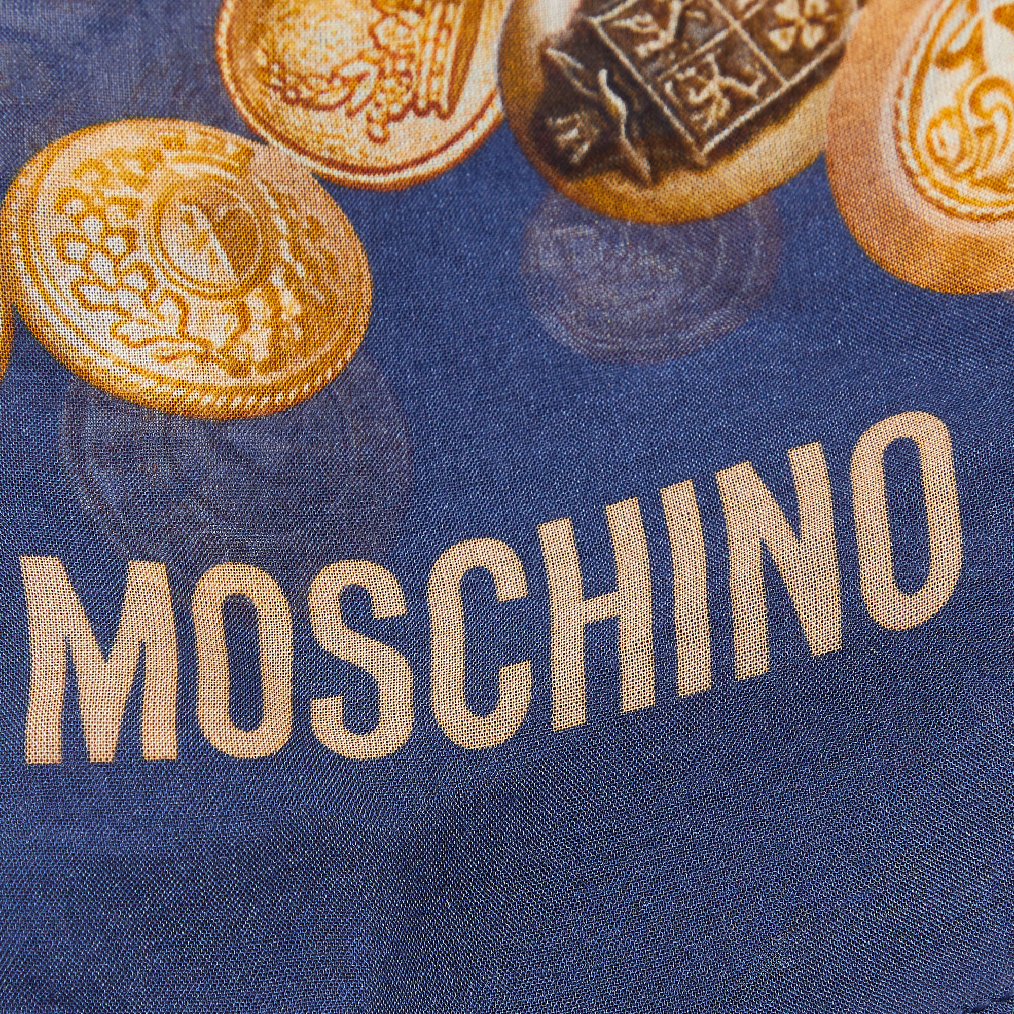 Moschino Navy Blue Coin Printed Silk Scarf