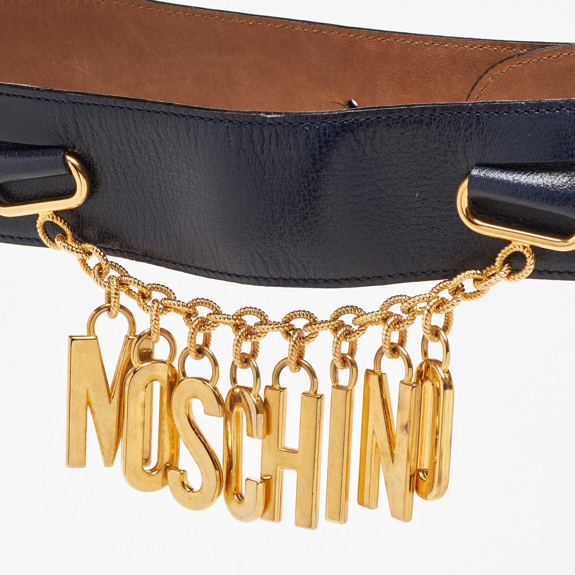Moschino Blue Leather Logo Charm Waist Belt 70CM