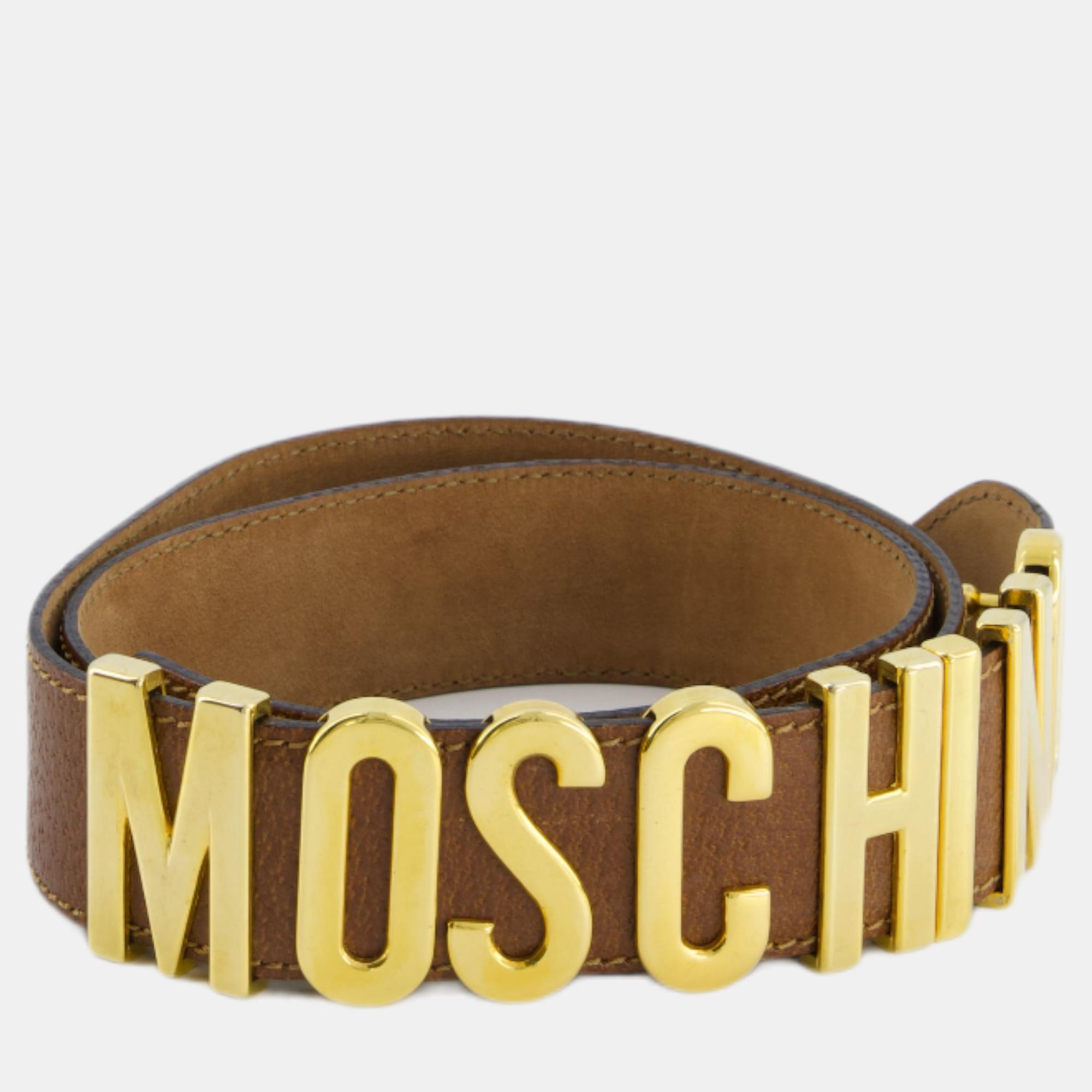 Moschino Brown Leather Logo Belt With Gold Hardware Size 44 (UK 12)