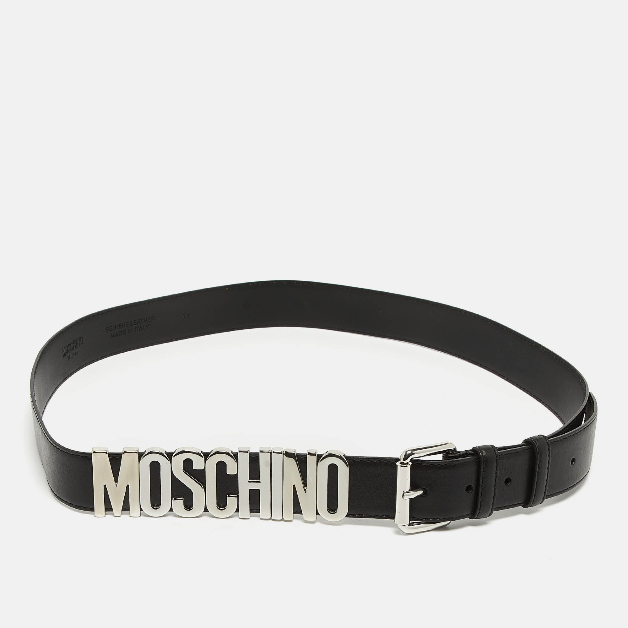 Moschino black leather classic logo buckle belt