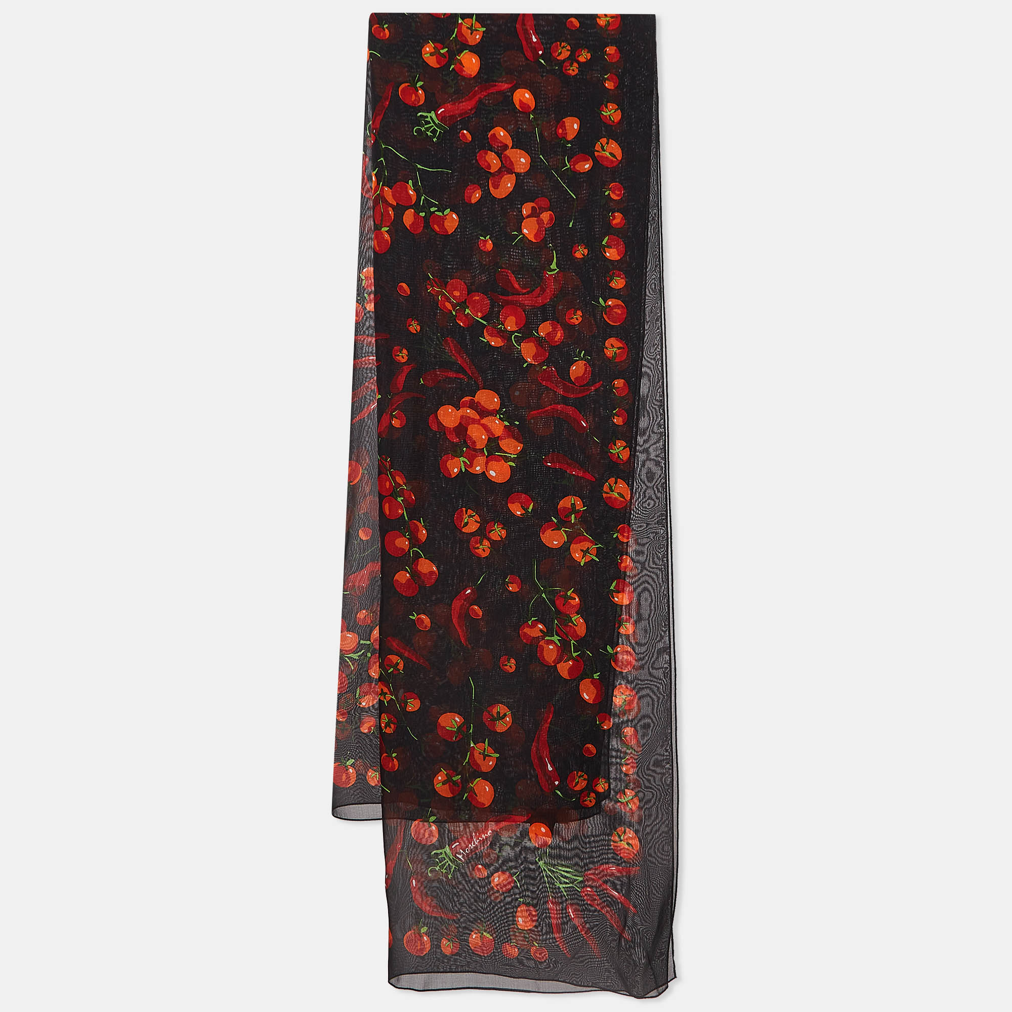 Moschino larioseta black tomato/cherry printed silk scarf