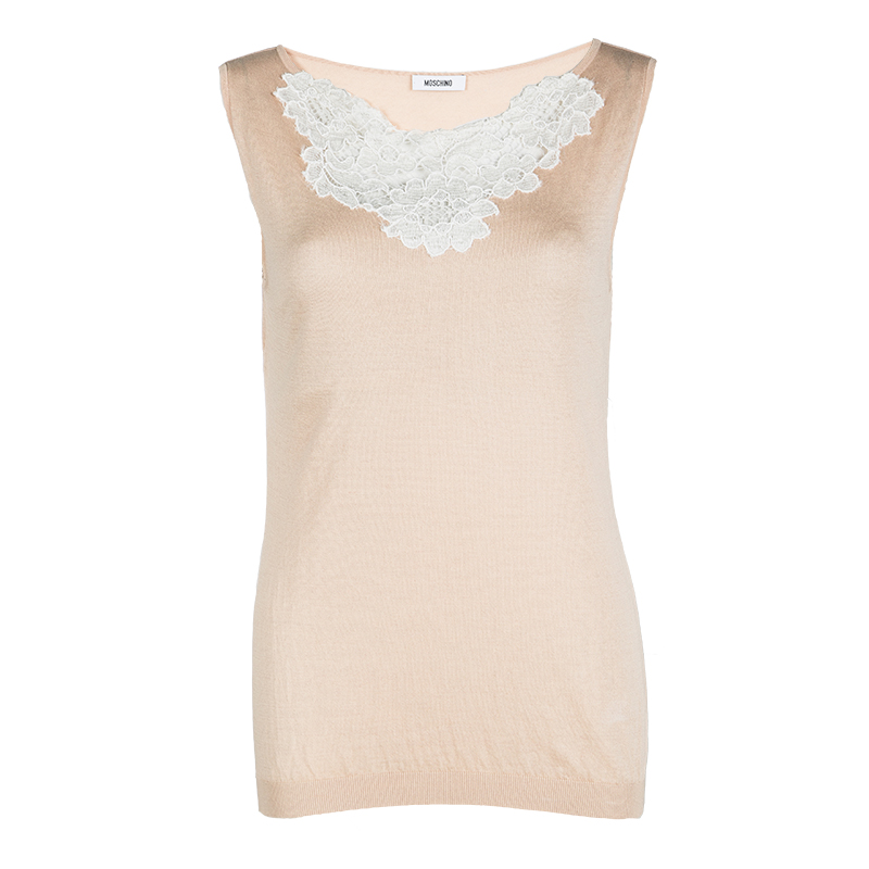 

Moschino Beige Knit Lace Neck Trim Detail Sleeveless Top