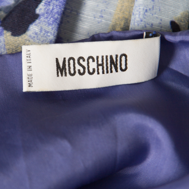 Moschino Blue Floral Printed Linen Silk Bateau Neck Shift Dress S