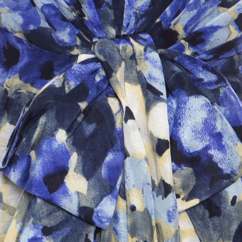Moschino Blue Floral Printed Linen Silk Bateau Neck Shift Dress S