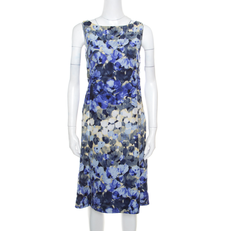 Moschino blue floral printed linen silk bateau neck shift dress s