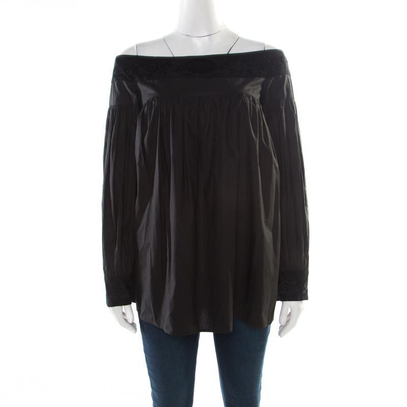 Image of Moschino Black Cotton Embroidered Trim Detail Gathered Long Sleeve Top S