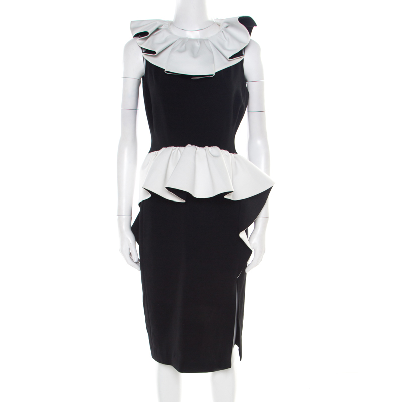 Moschino monochrome crepe ruffled trim sleeveless midi dress m