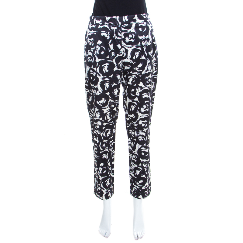 Image of Moschino Monochrome Rose Printed Satin Tailored Trousers M