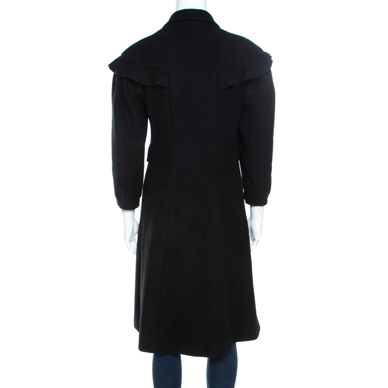 Moschino Black Wool Ruffled Trim Rosette Applique Button Front Long Coat M