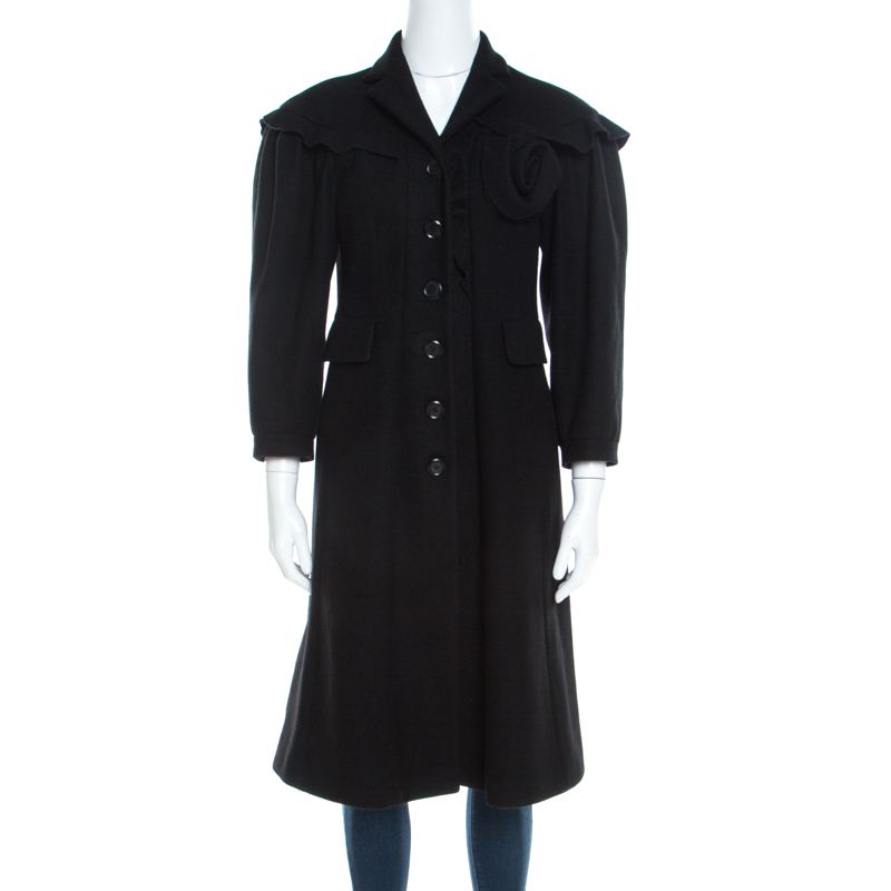 Moschino black wool ruffled trim rosette applique button front long coat m